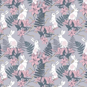 white bunnies in lilies and fern garden | pink