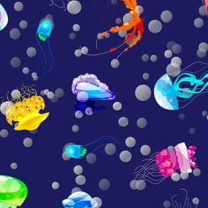 Bright Neon Rainbow Colored Jellyfish in Deep Pacific Ocean Blue 