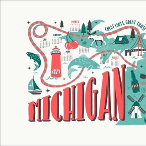 2024 Calendar Michigan Illustrated Map Tea Towel and Wall Hanging