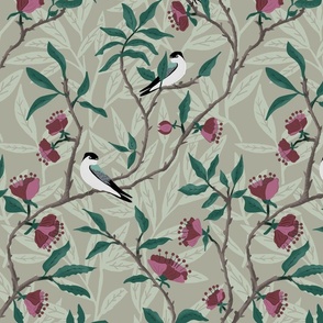 swallows branches with flowers on sage green background - medium scale