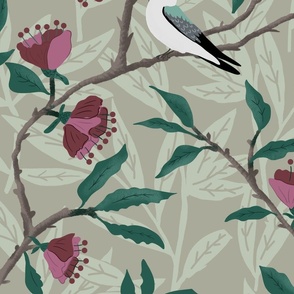 swallows branches with flowers on sage green background - large scale