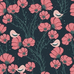 cosmea and sparrows | FOLK TALE collection | dark green