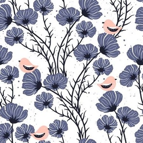 cosmea and sparrows | FOLK TALE collection | blue and white
