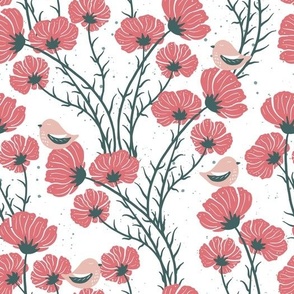 cosmea and sparrows | FOLK TALE collection | green and white