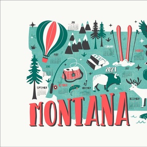 2024 Calendar Montana Illustrated Map Tea Towel and Wall Hanging