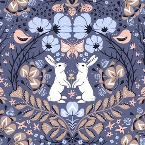 Scandinavian style bunnies, birds and cosmea flowers | FOLK TALE collection | blue