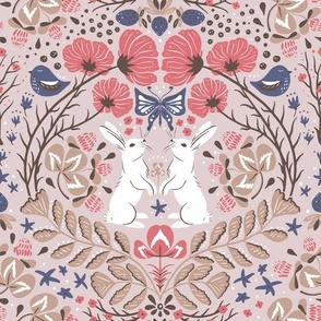 Scandinavian style bunnies, birds and cosmea flowers | FOLK TALE collection | pastel nude