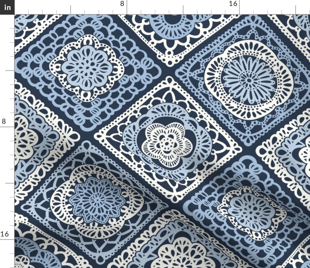 Cozy Granny Squares Diagonal- Navy Blue- Sky Blue- White- Large- Vintage Crochet- Bohemian- Boho