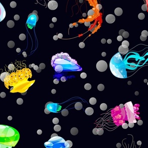 Bright Neon Rainbow Colored Jellyfish in Black Sea Blue 