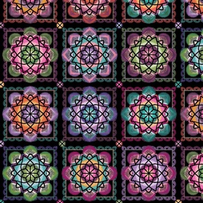 Stained glass granny squares - rainbow, jewel tone colours on black - large