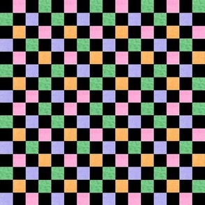 Retro Fun - Checks in bright pastels, pink, lavender, green, orange on a black background.