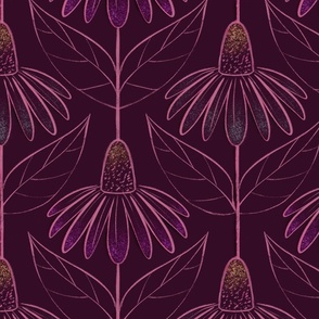 Echinacea coneflower outline handdrawn Geometric. Boho summer wallpaper. Burgundy