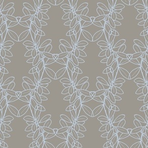 Ella Lacy Leaf Vine in Dusty Blue Outline on a Solid Taupe Background with 12 inch Repeat