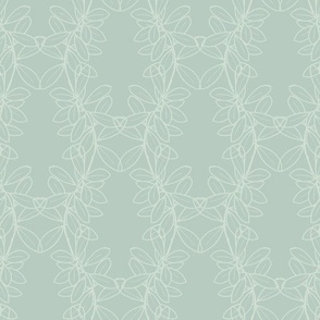 Ella Lacy Leaf Vine in Green Outline on a Solid Dusty Green Background with 12 inch Repeat