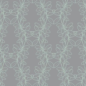 Ella Lacy Leaf Vine in Dusty Green Outline on a Solid Gray Background with 12 inch Repeat