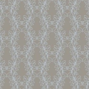 Ella Lacy Leaf Vine in Blue Outline on a Solid Taupe Background with 4 inch Repeat