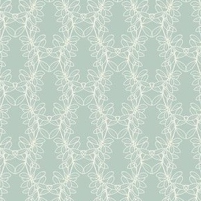 Ella Lacy Leaf Vine in Ivory Outline on a Solid Dusty Green Background with 4 inch Repeat