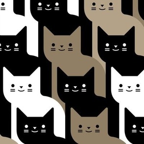 Catstooth- Houndstooth with Cats Medium- Brown Black and White Geometric Cats- Cute Cat Fabric- Classic Modern Wallpaper- Extra Large Pied de Poule- Khaki- Ecru- Tan- Neutral