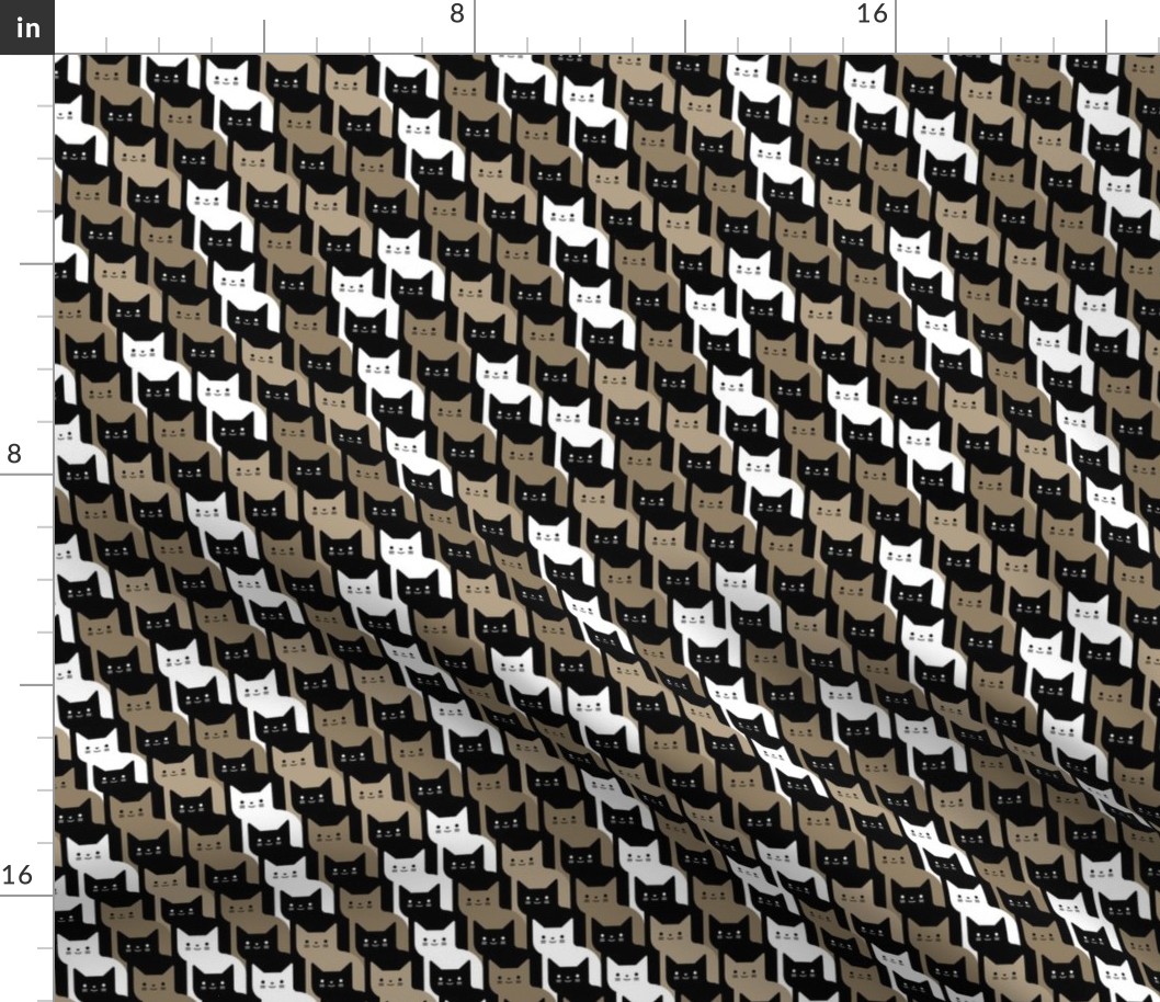 Catstooth- Houndstooth with Cats Mini- Brown Black and White Geometric Cats- Cute Cat Fabric- Classic Modern Wallpaper- Extra Large Pied de Poule- Khaki- Ecru- Tan- Neutral