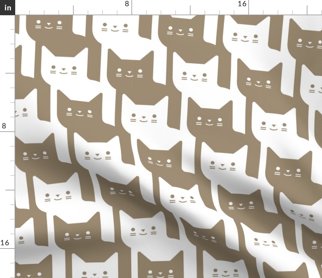 Catstooth- Houndstooth with Cats Large- Khaki and White Geometric Cats- Cute Cat Fabric- Classic Modern Wallpaper- Extra Large Pied de Poule- Mushroom Tan- Ecru- Brown- Beige