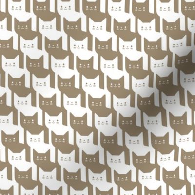 Catstooth- Houndstooth with Cats Small- Khaki and White Geometric Cats- Cute Cat Fabric- Classic Modern Wallpaper- Pied de Poule- Mushroom Tan- Ecru- Brown- Beige