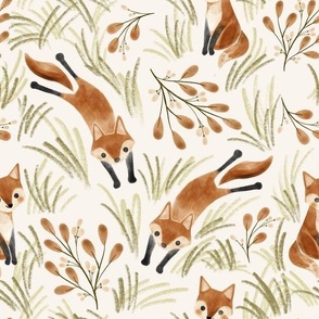 woodland fox in grass - brown ochre and green - large scale