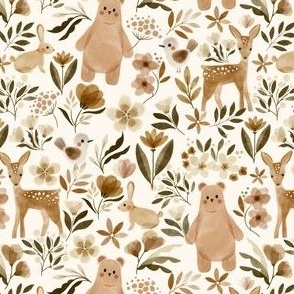 neutral woodland animals with brown bears, deers, rabbits and birds - small
