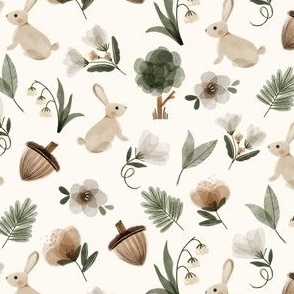 ditsy woodland rabbits with trees and acorns in green and neutral brown - medium