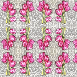 Ⓒ Pink Tulips with graphic background.