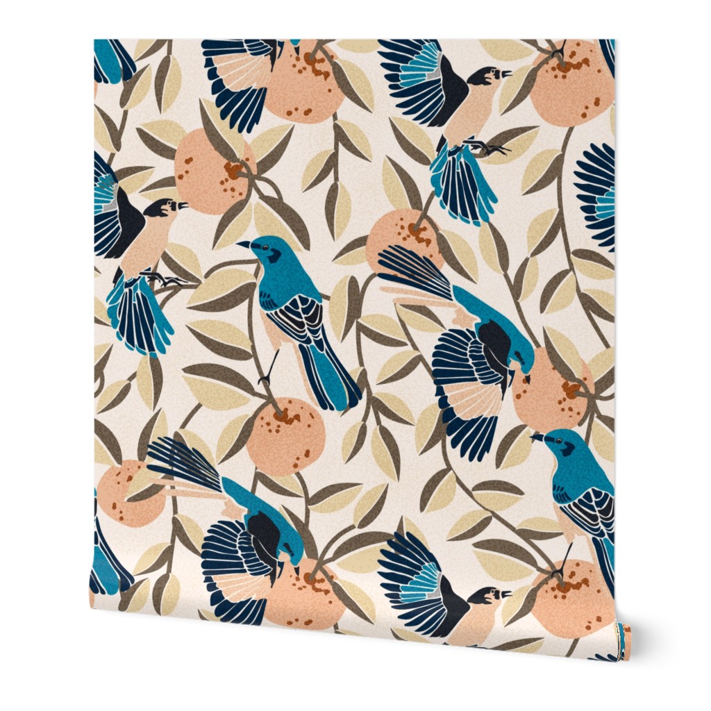 Bird Song- Mockingbird and Oranges- Linen Seashell- Large Scale