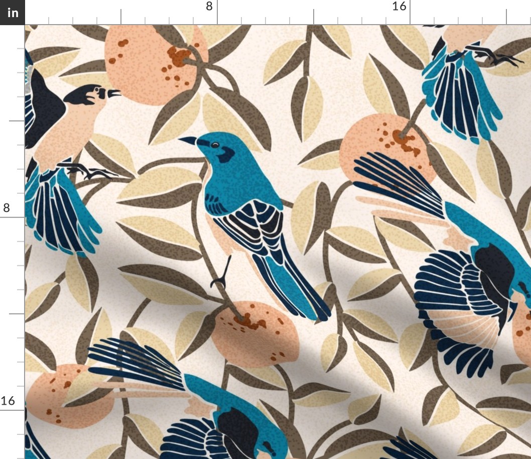 Bird Song- Mockingbird and Oranges- Linen Seashell- Large Scale