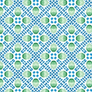 $ Symmetrical mosaic tile in watercolour for adult apparel, shirts and dresses, abstract alien floras surrounded by stepping stones/organic shapes - featuring brilliant turquoise shades and leaf green for home decor, duvet covers, bed linen, modern pillo