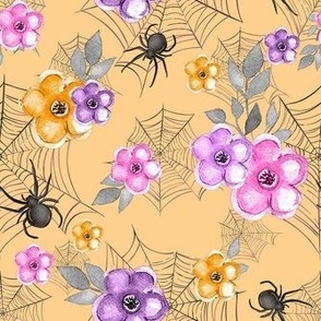Medium Scale Pastel Halloween Spiders Webs Day of the Dead Pink and Purple Flowers