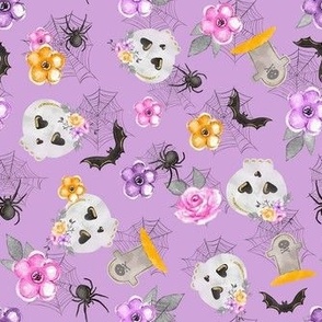 Medium Scale Skeletons Spiders Bats Day of the Dead Sugar Skulls Pastel Pink and Purple Flowers