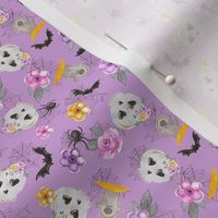 Small Scale Skeletons Spiders Bats Day of the Dead Sugar Skulls Pastel Pink and Purple Flowers