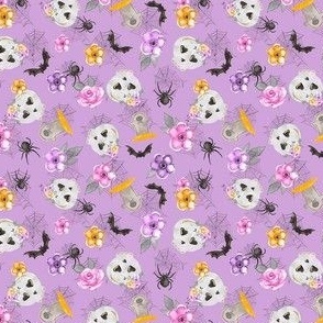 Small Scale Skeletons Spiders Bats Day of the Dead Sugar Skulls Pastel Pink and Purple Flowers