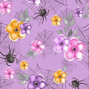 Large Scale Pastel Halloween Spiders Webs Day of the Dead Pink and Purple Flowers