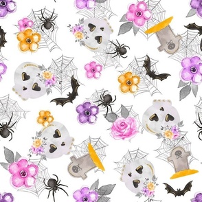 Large Scale Skeletons Spiders Bats Day of the Dead Sugar Skulls Pastel Pink and Purple Flowers