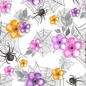 Medium Scale Pastel Halloween Spiders Webs Day of the Dead Pink and Purple Flowers