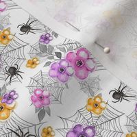 Small Scale Pastel Halloween Spiders Webs Day of the Dead Pink and Purple Flowers