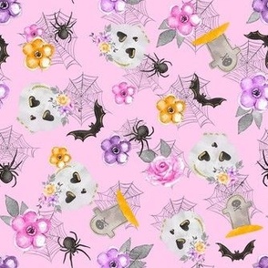 Medium Scale Skeletons Spiders Bats Day of the Dead Sugar Skulls Pastel Pink and Purple Flowers