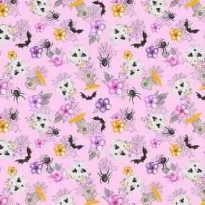 Small Scale Skeletons Spiders Bats Day of the Dead Sugar Skulls Pastel Pink and Purple Flowers