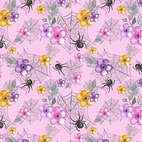 Small Scale Pastel Halloween Spiders Webs Day of the Dead Pink and Purple Flowers
