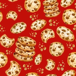 Large Scale Chocolate Chip Cookies and Crumbs on Red