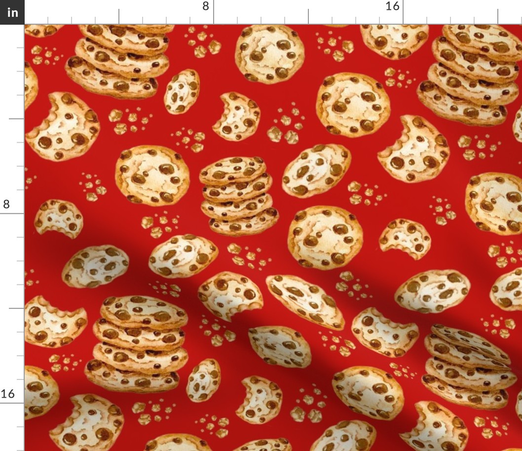Large Scale Chocolate Chip Cookies and Crumbs on Red