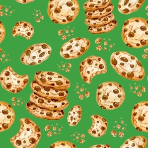Large Scale Chocolate Chip Cookies and Crumbs on Green