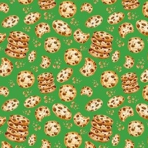 Small Scale Chocolate Chip Cookies and Crumbs on Green