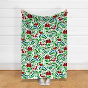 Floral Fairytail - Beauty Forest Flower - Bloom Fantasy Wildflower - Folk Ukrainian Ornament Obereg - Petrykivka - Green Fern Leaves Red Guelder Rose - Colorful Petal Mood on White - Large 