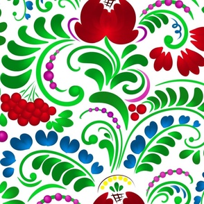 Floral Fairytail - Beauty Forest Flower - Bloom Fantasy Wildflower - Folk Ukrainian Ornament Obereg - Petrykivka - Green Fern Leaves Red Guelder Rose - Colorful Petal Mood on White - Large 