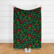 Floral Fairytail - Beauty Forest Flower - Bloom Fantasy Wildflower - Folk Ukrainian Ornament Obereg - Petrykivka - Green Fern Leaves Red Guelder Rose - Colorful Petal Mood on Black - Large 